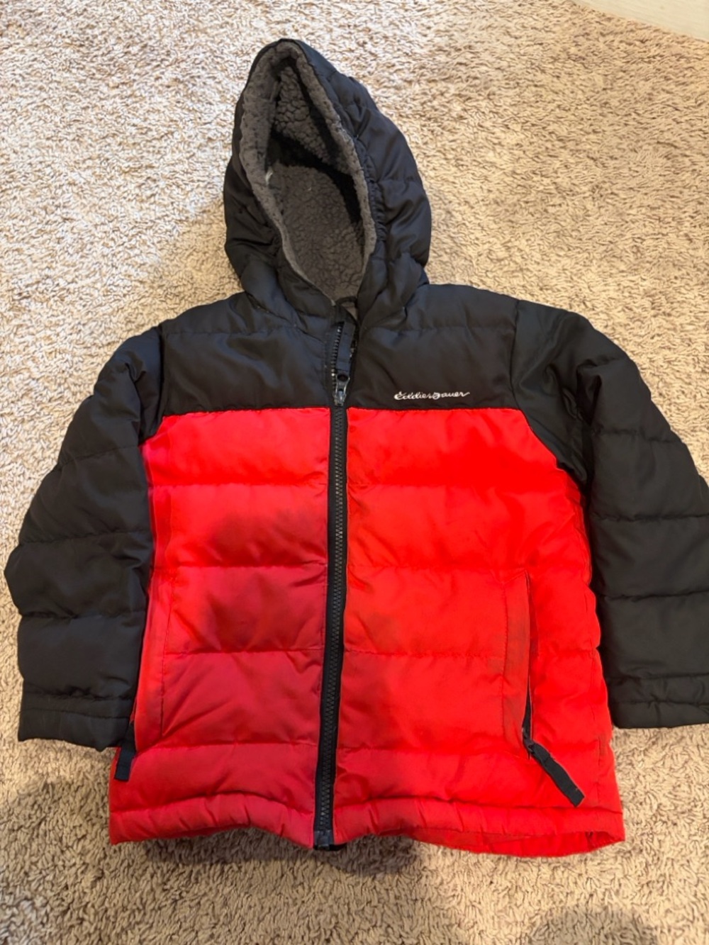 Eddie Bauer Red and Black Kids Puffer Jacket with Sherpa Lining